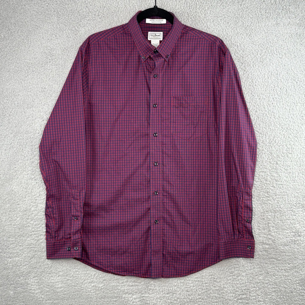 LL Bean Shirt Mens M Wrinkle Resistant Red Plaid Check Slightly Fitted Cotton